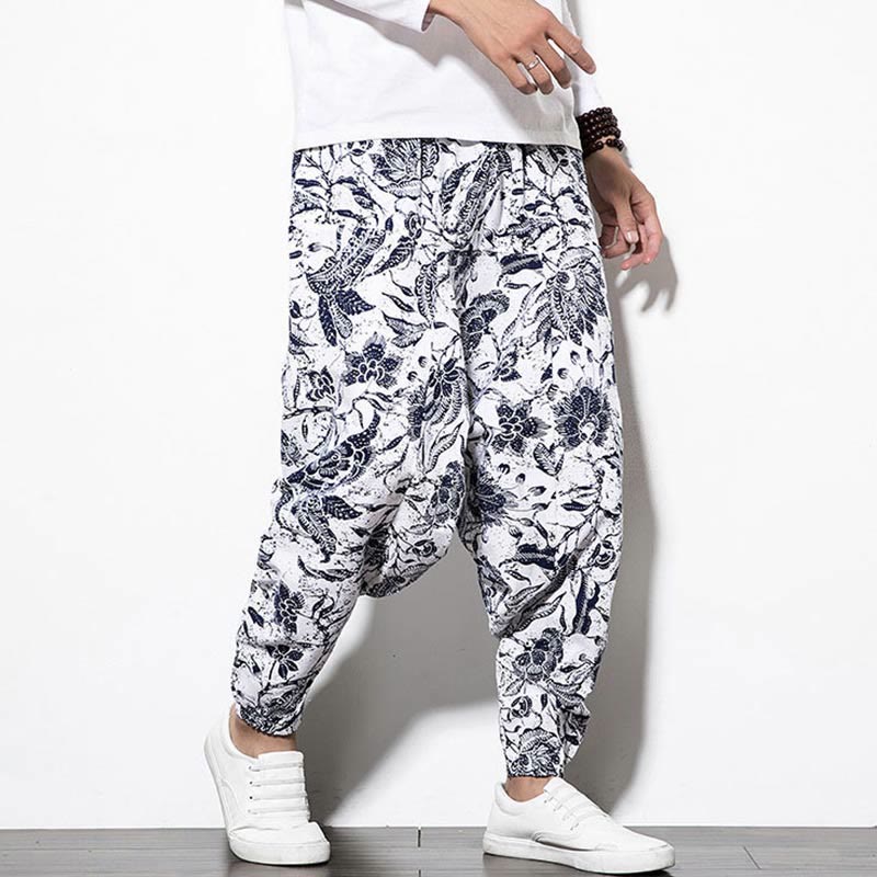 Leaves Vine Print Cotton Men's Long Cropped Harem Pants With Pockets