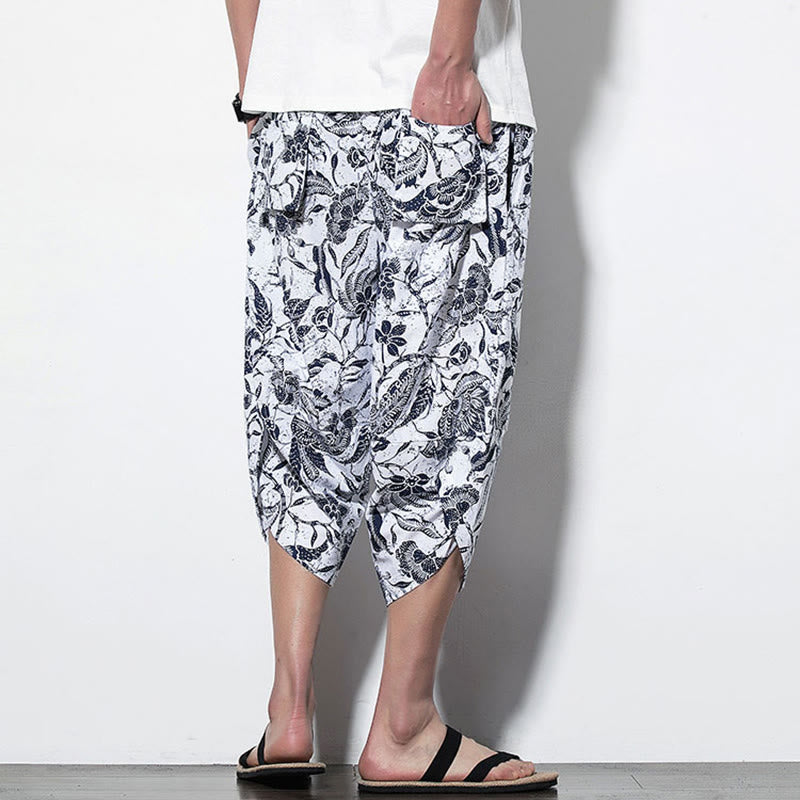 Leaves Vine Print Cotton Men's Long Cropped Harem Pants With Pockets