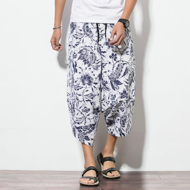 Leaves Vine Print Cotton Men's Long Cropped Harem Pants With Pockets