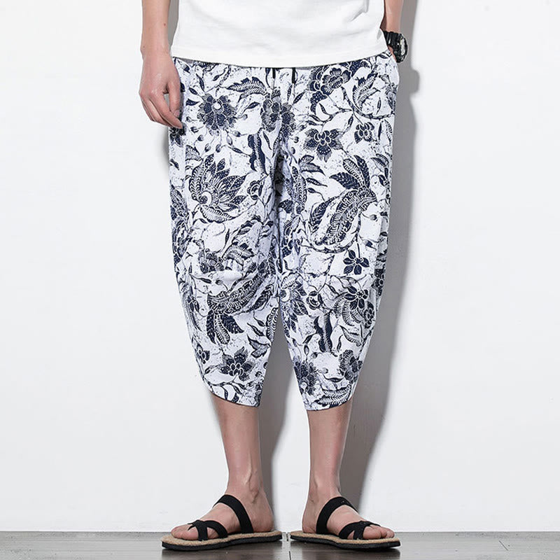 Leaves Vine Print Cotton Men's Long Cropped Harem Pants With Pockets