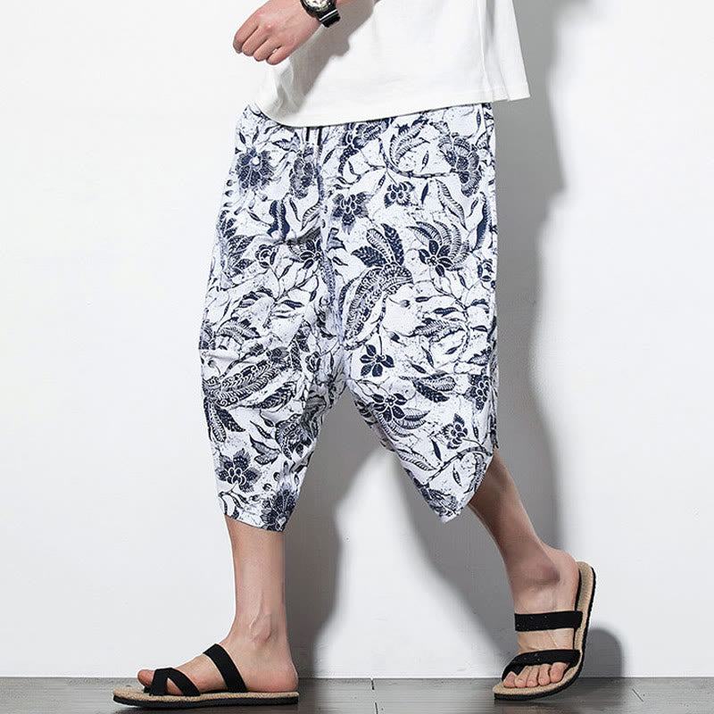 Leaves Vine Print Cotton Men's Long Cropped Harem Pants With Pockets