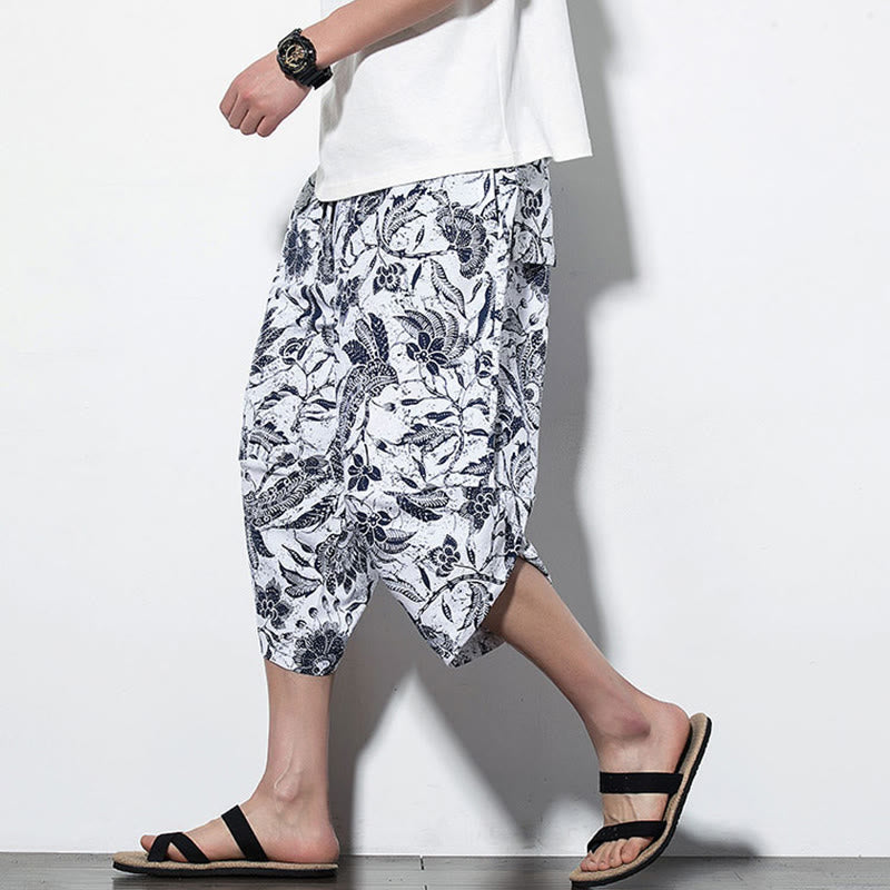 Leaves Vine Print Cotton Men's Long Cropped Harem Pants With Pockets