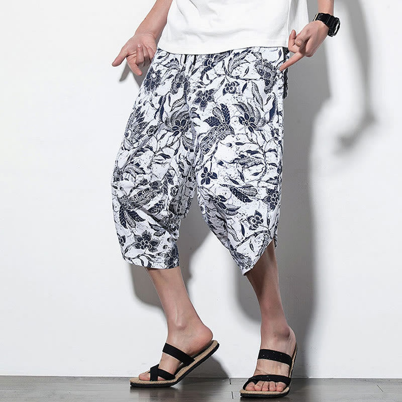 Leaves Vine Print Cotton Men's Long Cropped Harem Pants With Pockets