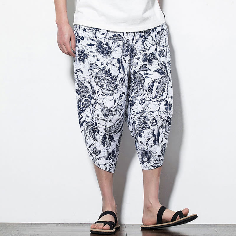 Leaves Vine Print Cotton Men's Long Cropped Harem Pants With Pockets