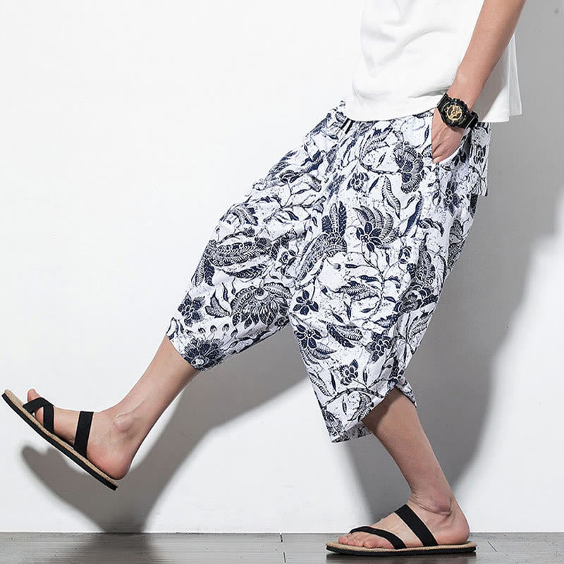 Leaves Vine Print Cotton Men's Long Cropped Harem Pants With Pockets
