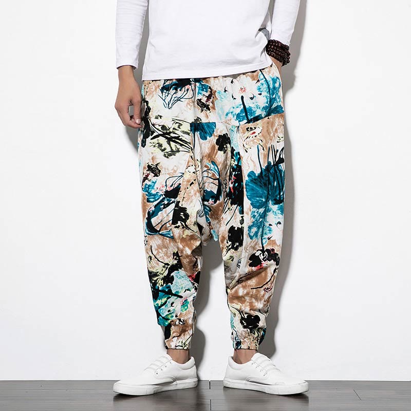 Breathable Cotton Cropped Botanical Print Meditation Harem Pants