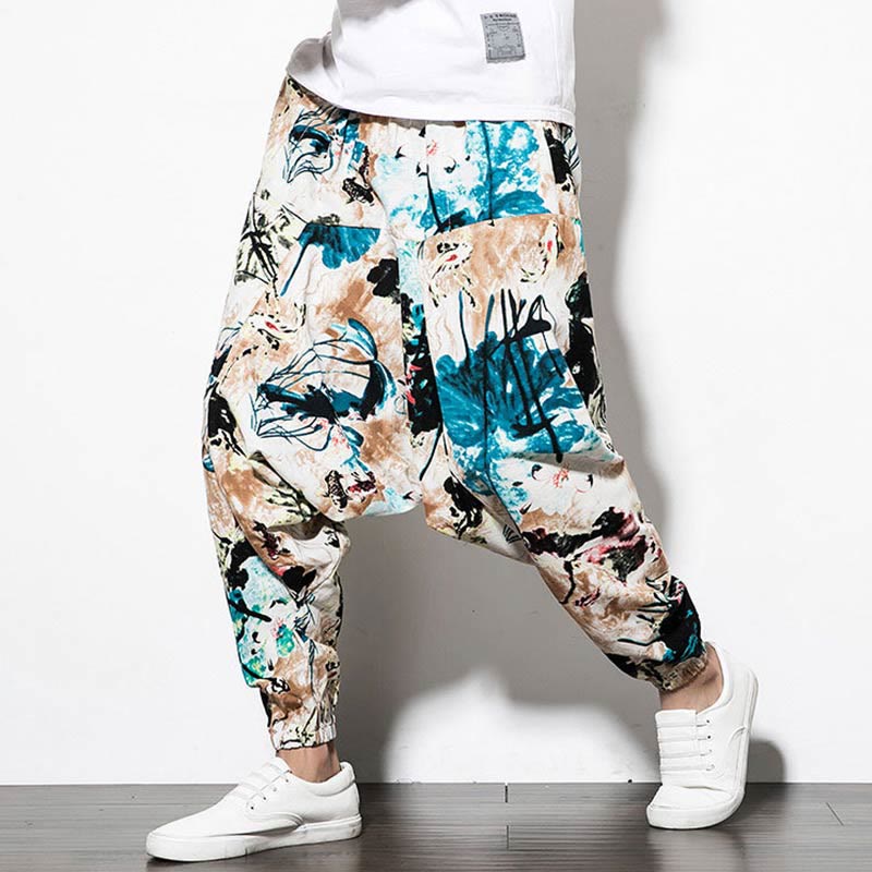 Breathable Cotton Cropped Botanical Print Meditation Harem Pants