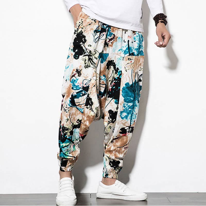 Breathable Cotton Cropped Botanical Print Meditation Harem Pants
