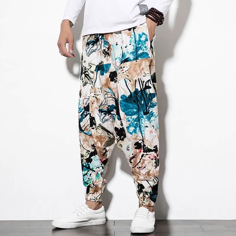 Breathable Cotton Cropped Botanical Print Meditation Harem Pants