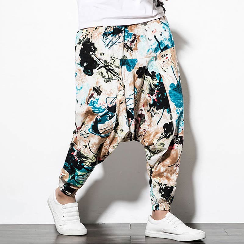 Breathable Cotton Cropped Botanical Print Meditation Harem Pants