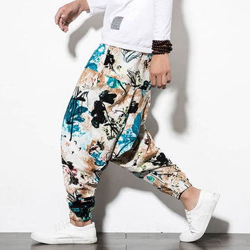 Breathable Cotton Cropped Botanical Print Meditation Harem Pants