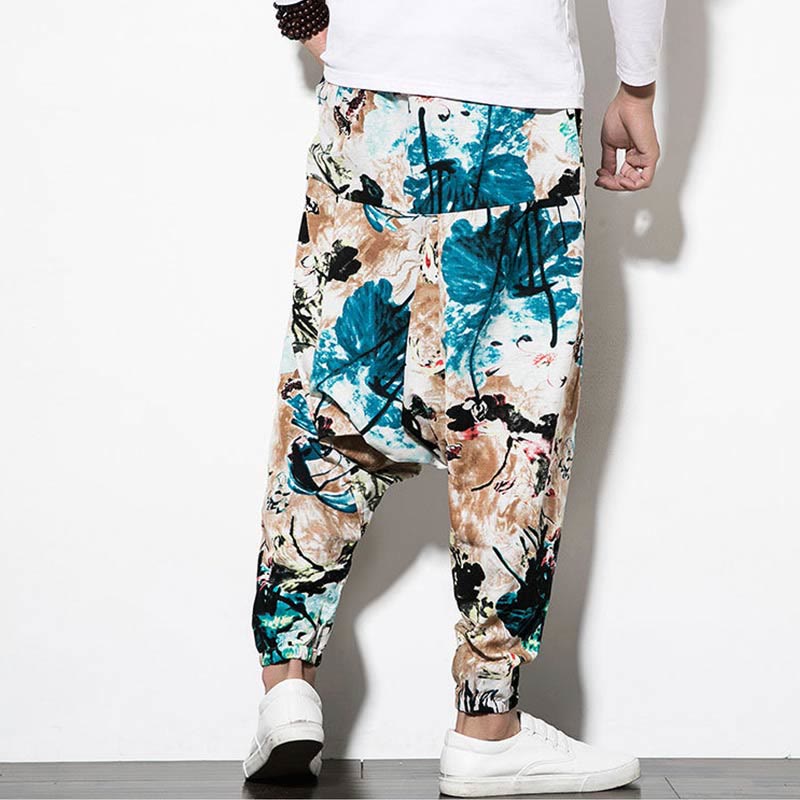 Breathable Cotton Cropped Botanical Print Meditation Harem Pants