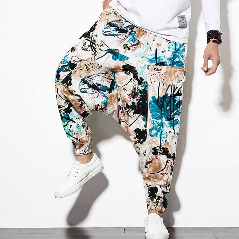 Breathable Cotton Cropped Botanical Print Meditation Harem Pants