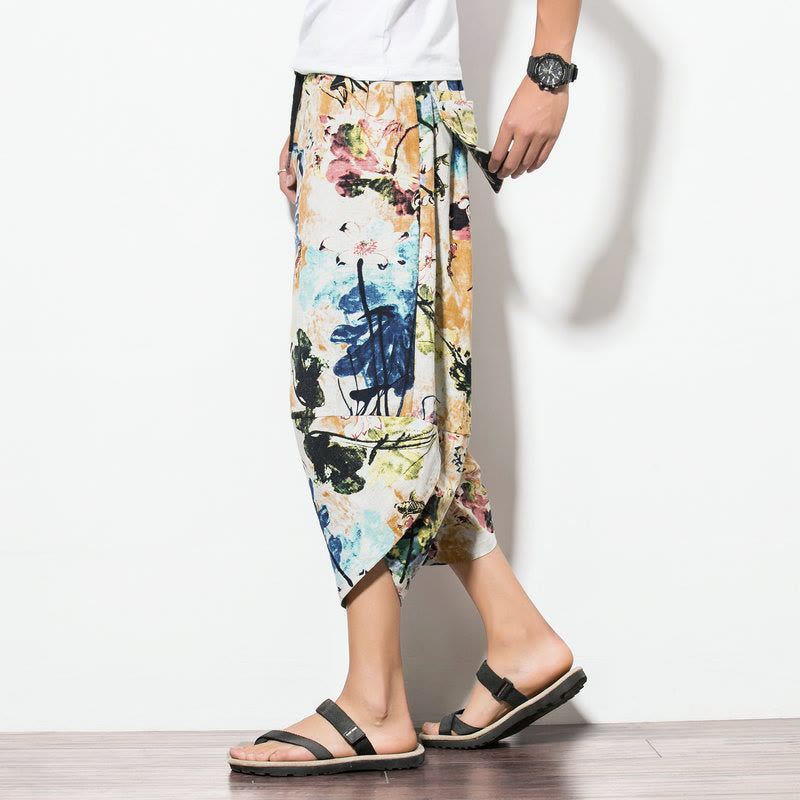 Breathable Cotton Cropped Botanical Print Meditation Harem Pants