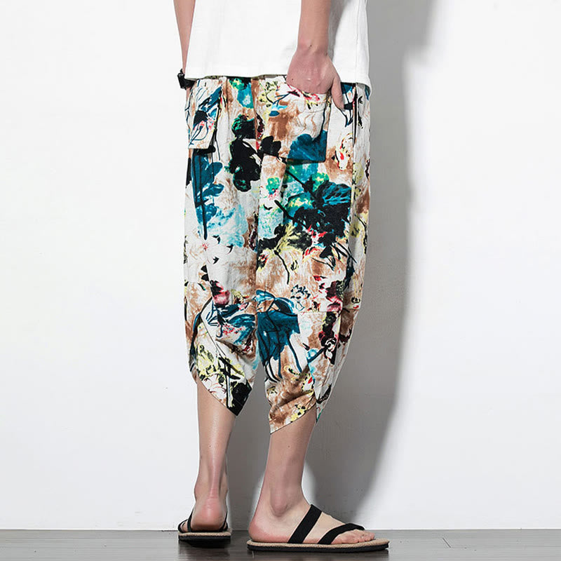 Breathable Cotton Cropped Botanical Print Meditation Harem Pants