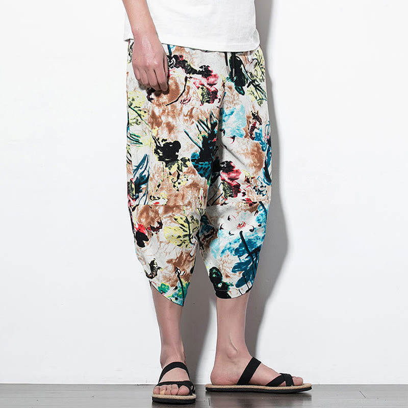 Breathable Cotton Cropped Botanical Print Meditation Harem Pants