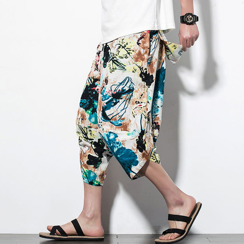 Breathable Cotton Cropped Botanical Print Meditation Harem Pants