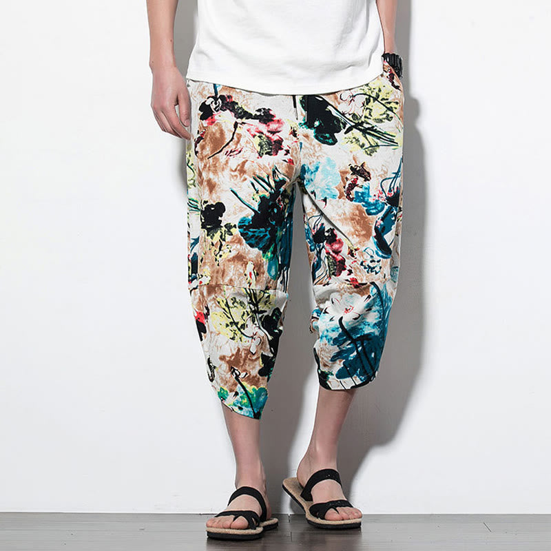 Breathable Cotton Cropped Botanical Print Meditation Harem Pants