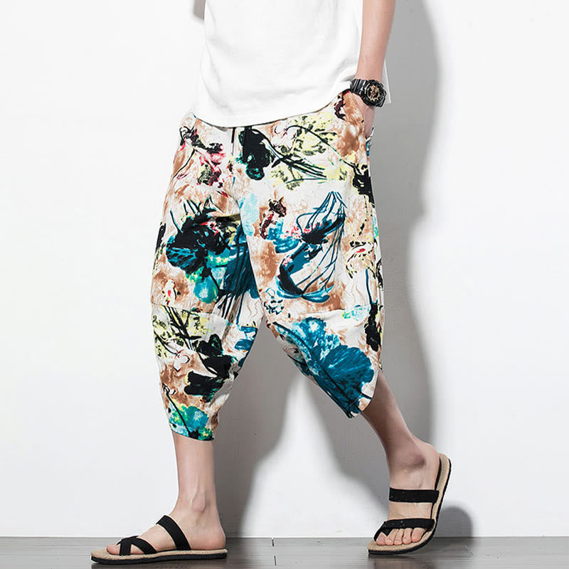 Breathable Cotton Cropped Botanical Print Meditation Harem Pants