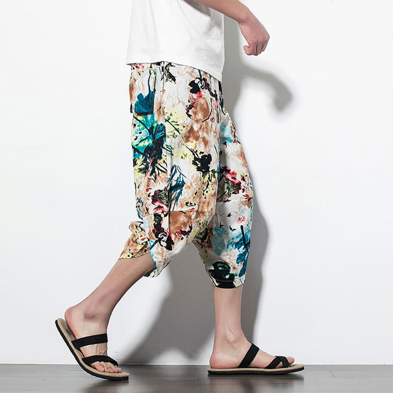 Breathable Cotton Cropped Botanical Print Meditation Harem Pants