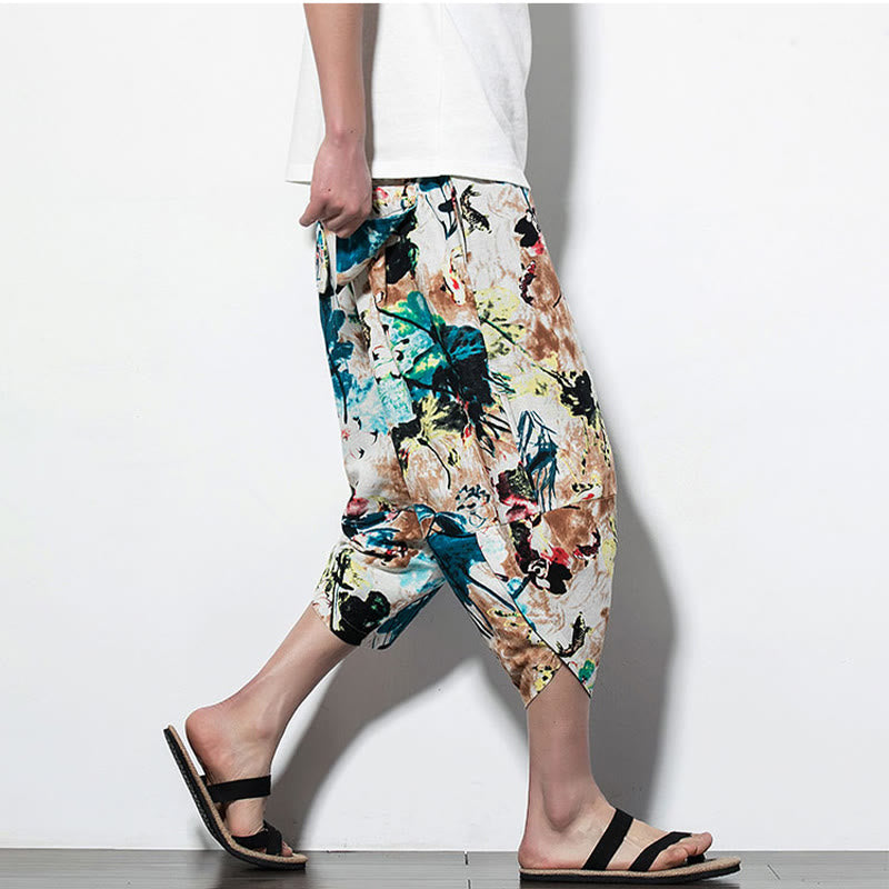 Breathable Cotton Cropped Botanical Print Meditation Harem Pants