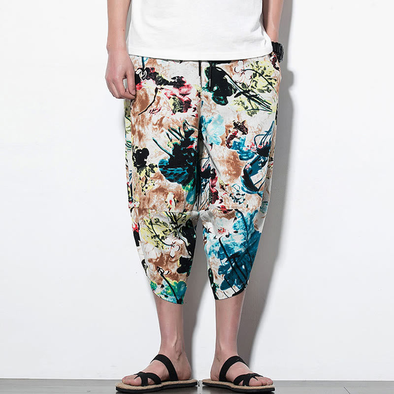 Breathable Cotton Cropped Botanical Print Meditation Harem Pants