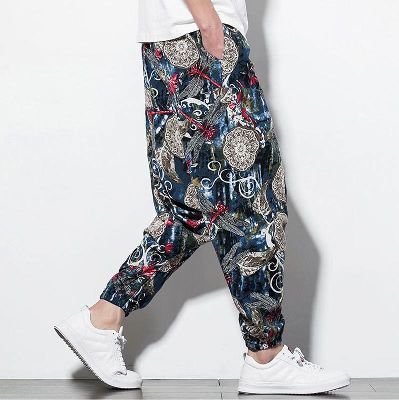 Cotton Relaxed Dragonfly Print Meditation Harem Pants