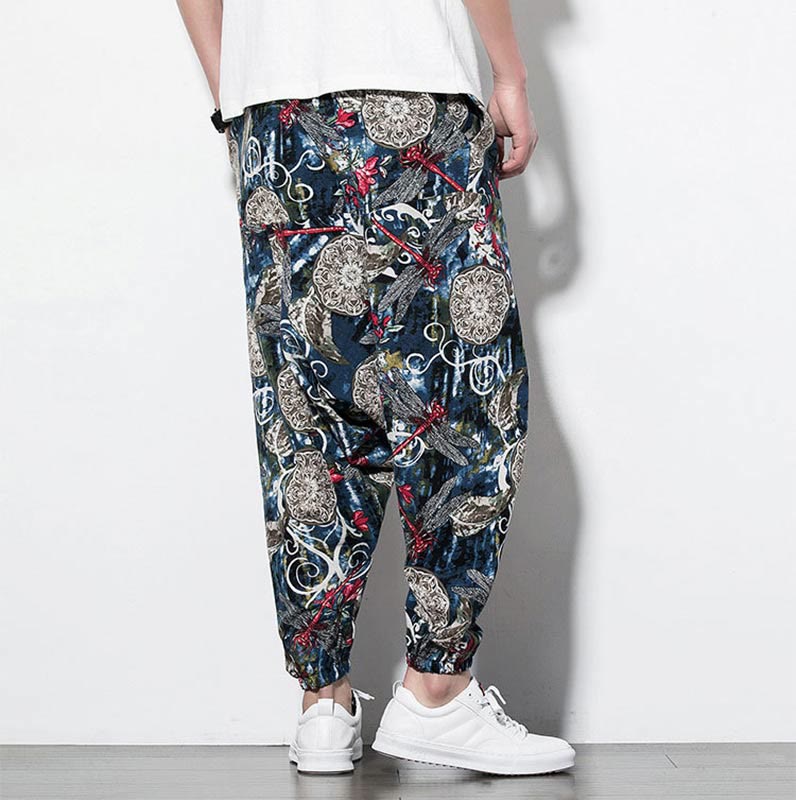 Cotton Relaxed Dragonfly Print Meditation Harem Pants
