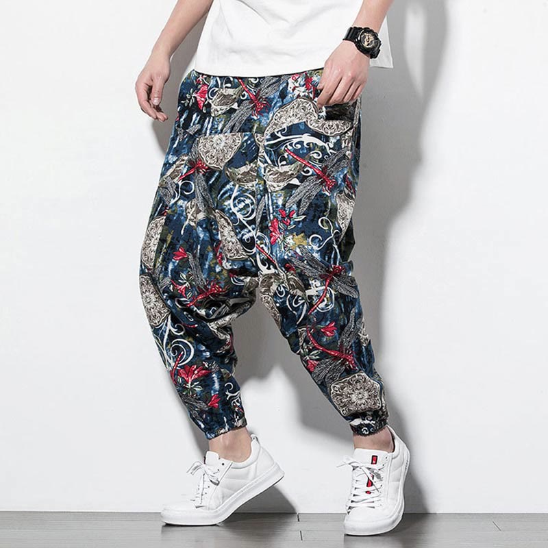 Cotton Relaxed Dragonfly Print Meditation Harem Pants