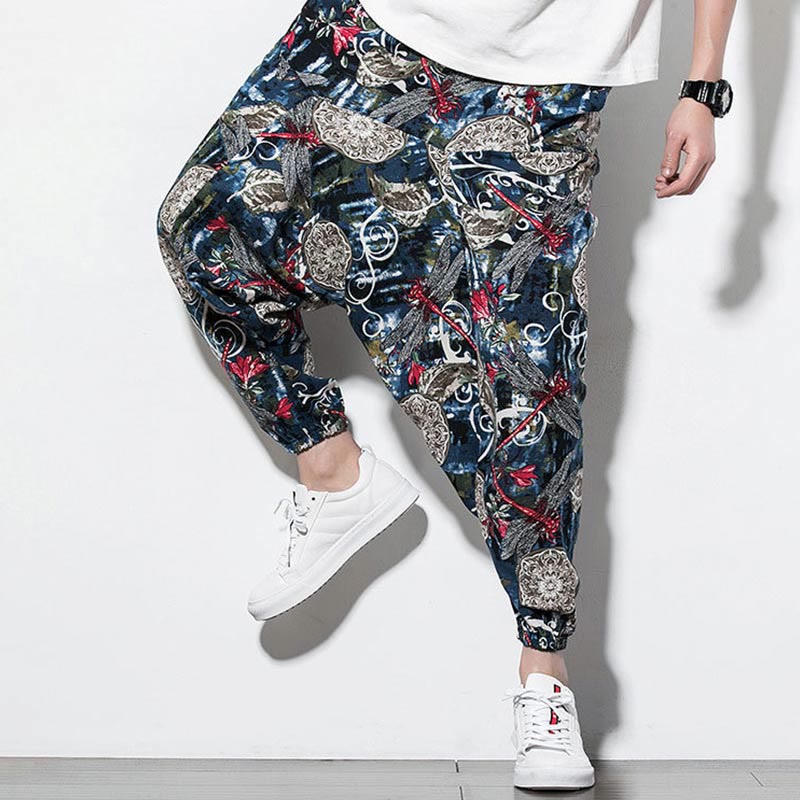 Cotton Relaxed Dragonfly Print Meditation Harem Pants