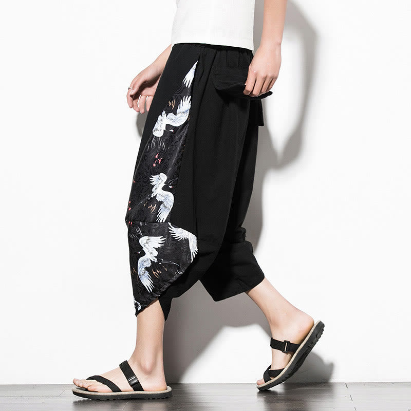 White Crane Print Cotton Men's Cropped Harem Pants With Pockets
