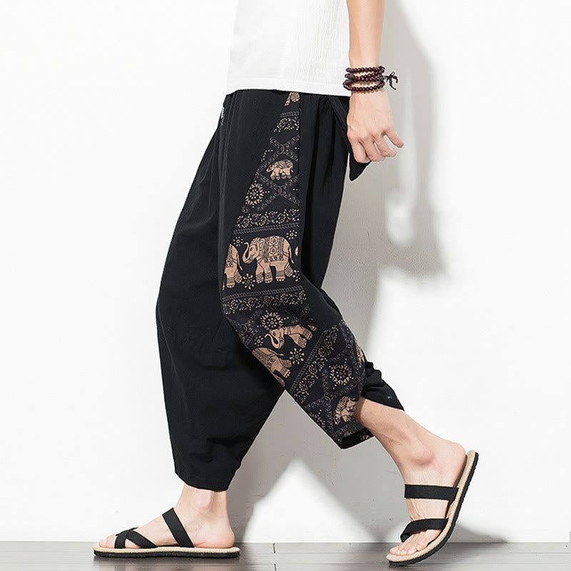 Brown Elephant Print Cotton Men's Cropped Harem Pants With Pockets