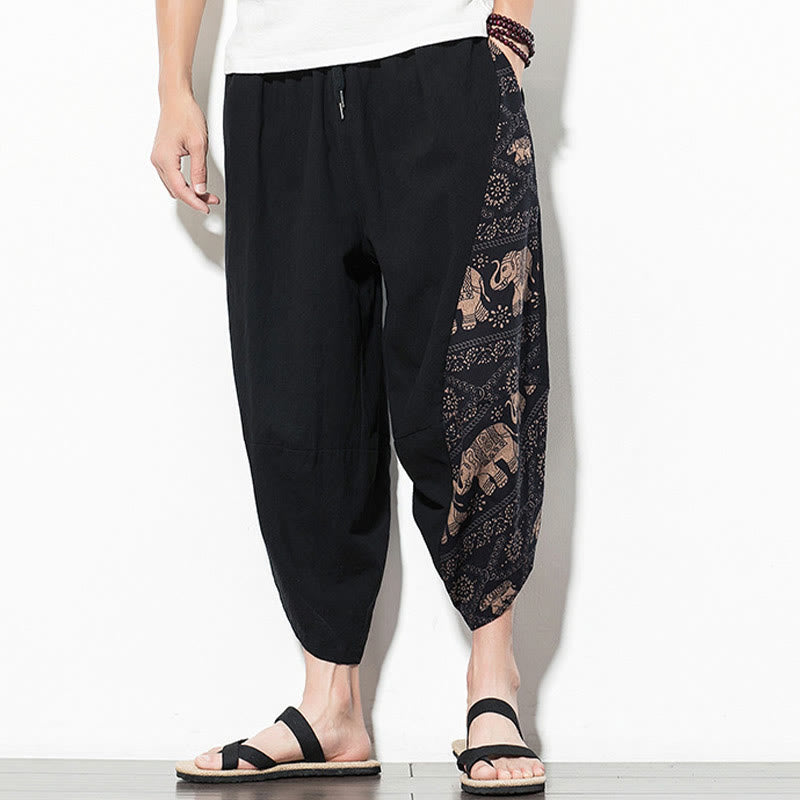 Brown Elephant Print Cotton Men's Cropped Harem Pants With Pockets