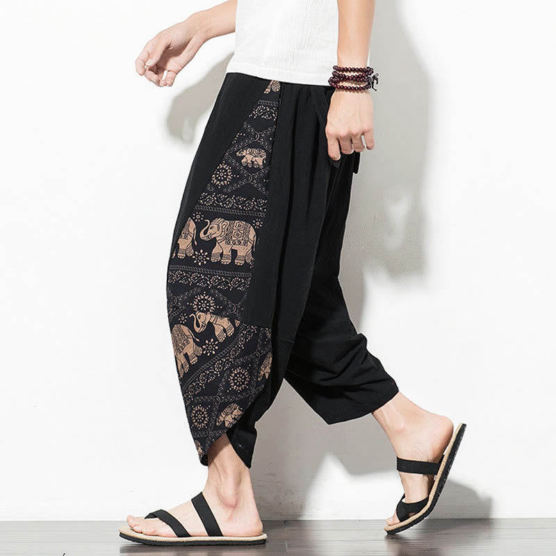Brown Elephant Print Cotton Men's Cropped Harem Pants With Pockets
