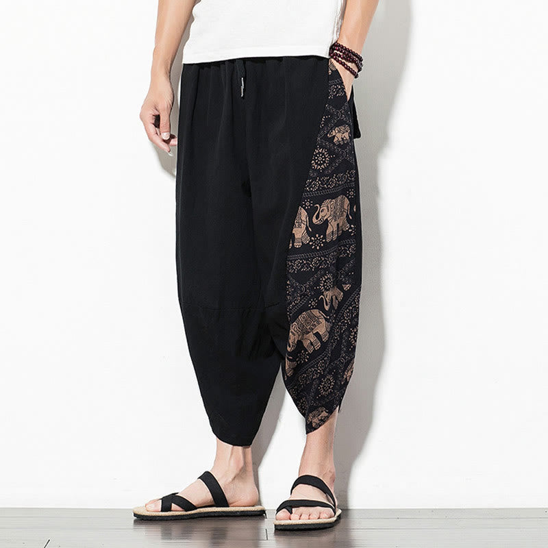 Brown Elephant Print Cotton Men's Cropped Harem Pants With Pockets