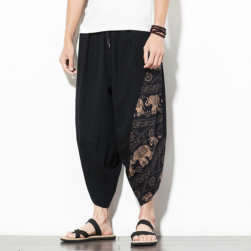 Brown Elephant Print Cotton Men's Cropped Harem Pants With Pockets