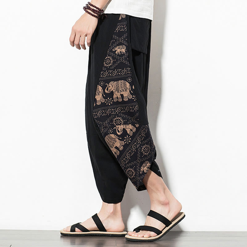 Brown Elephant Print Cotton Men's Cropped Harem Pants With Pockets