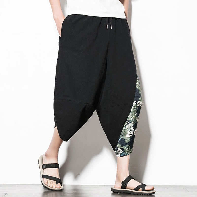 Green Waves Print Cotton Men's Cropped Harem Pants With Pockets