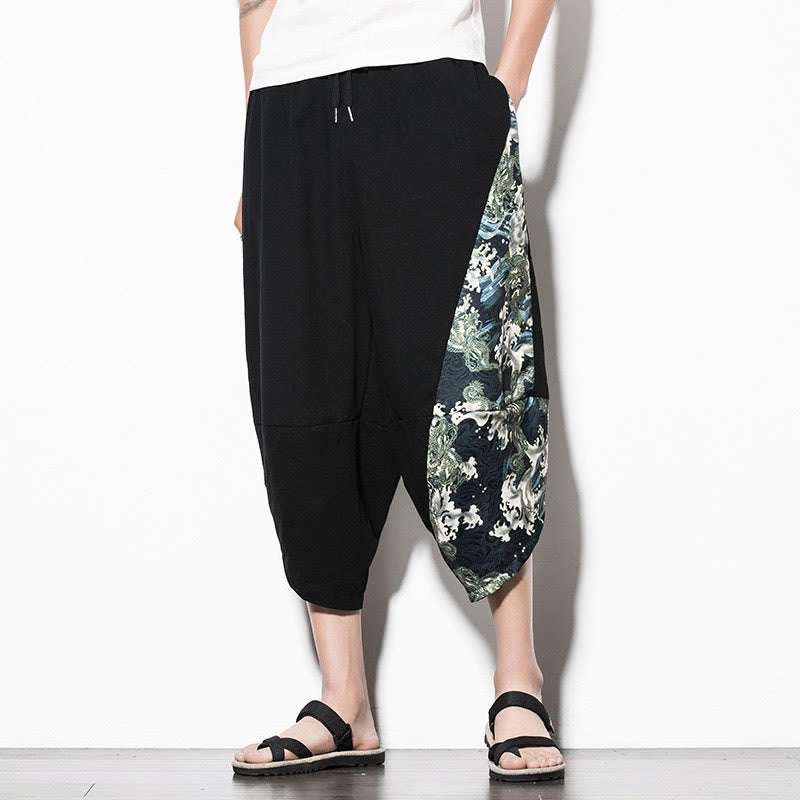 Green Waves Print Cotton Men's Cropped Harem Pants With Pockets