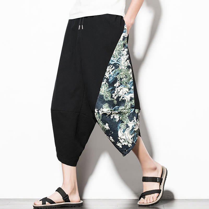 Green Waves Print Cotton Men's Cropped Harem Pants With Pockets