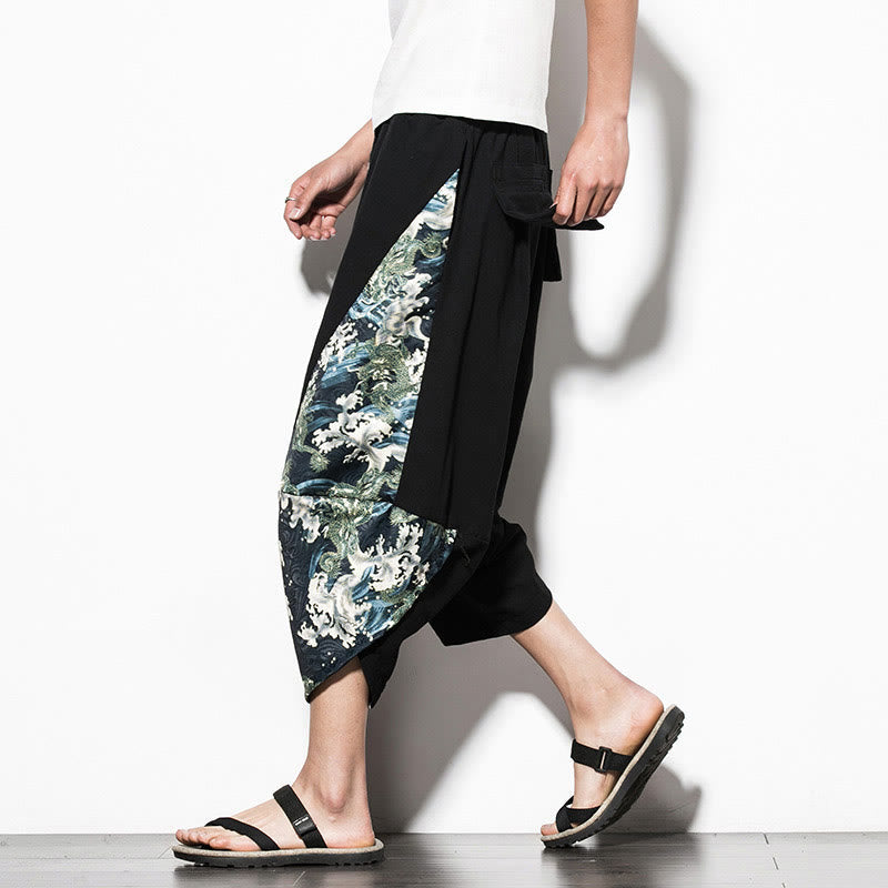 Green Waves Print Cotton Men's Cropped Harem Pants With Pockets