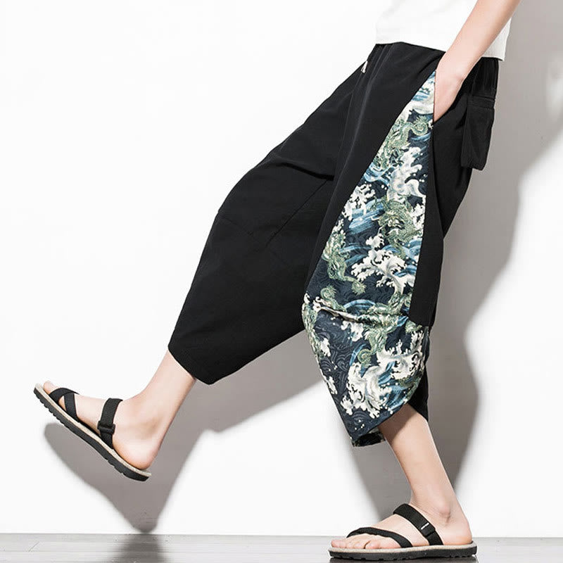 Green Waves Print Cotton Men's Cropped Harem Pants With Pockets