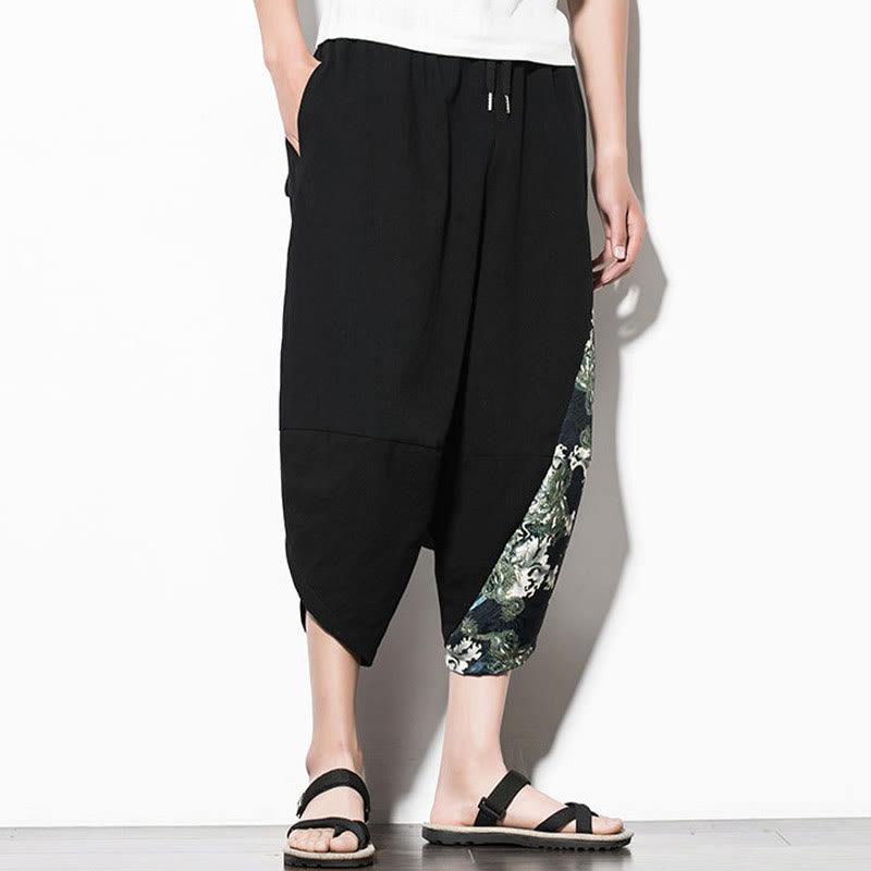 Green Waves Print Cotton Men's Cropped Harem Pants With Pockets