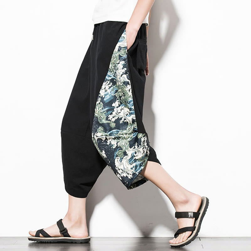 Green Waves Print Cotton Men's Cropped Harem Pants With Pockets