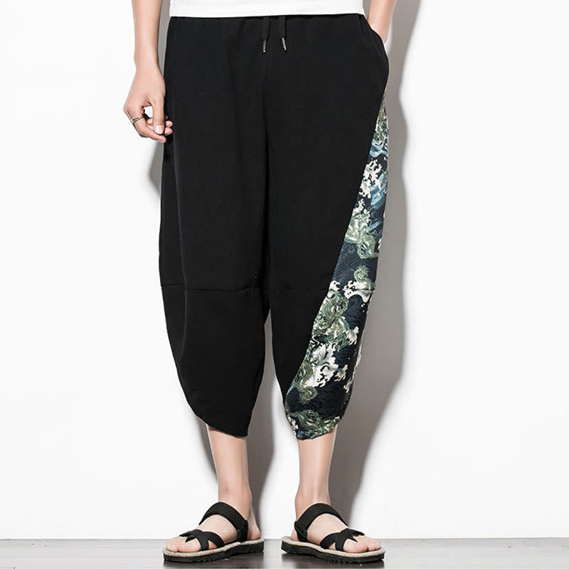Green Waves Print Cotton Men's Cropped Harem Pants With Pockets