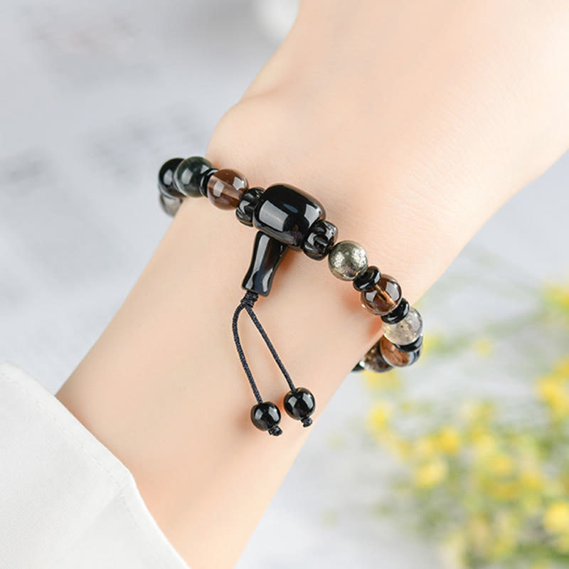 Five Elements Harmonizing Black Obsidian, Smoky Quartz, Black Agate Beaded Bracelet