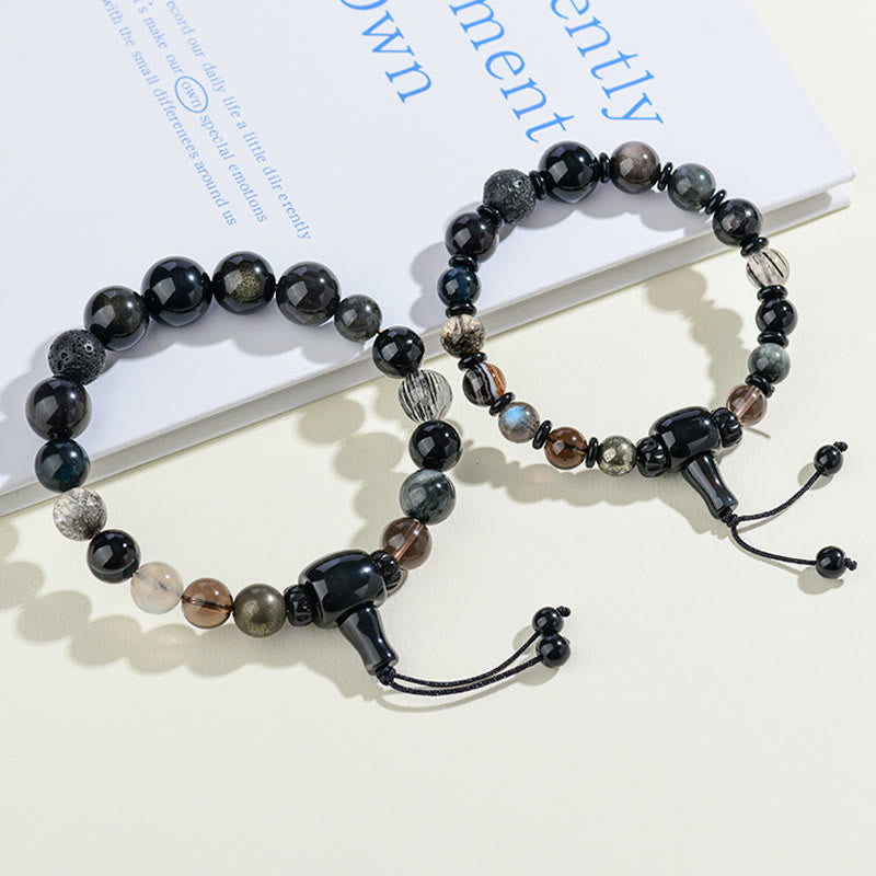 Five Elements Harmonizing Black Obsidian, Smoky Quartz, Black Agate Beaded Bracelet