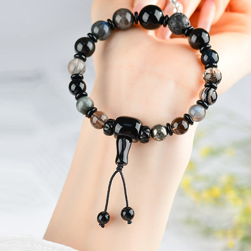 Five Elements Harmonizing Black Obsidian, Smoky Quartz, Black Agate Beaded Bracelet