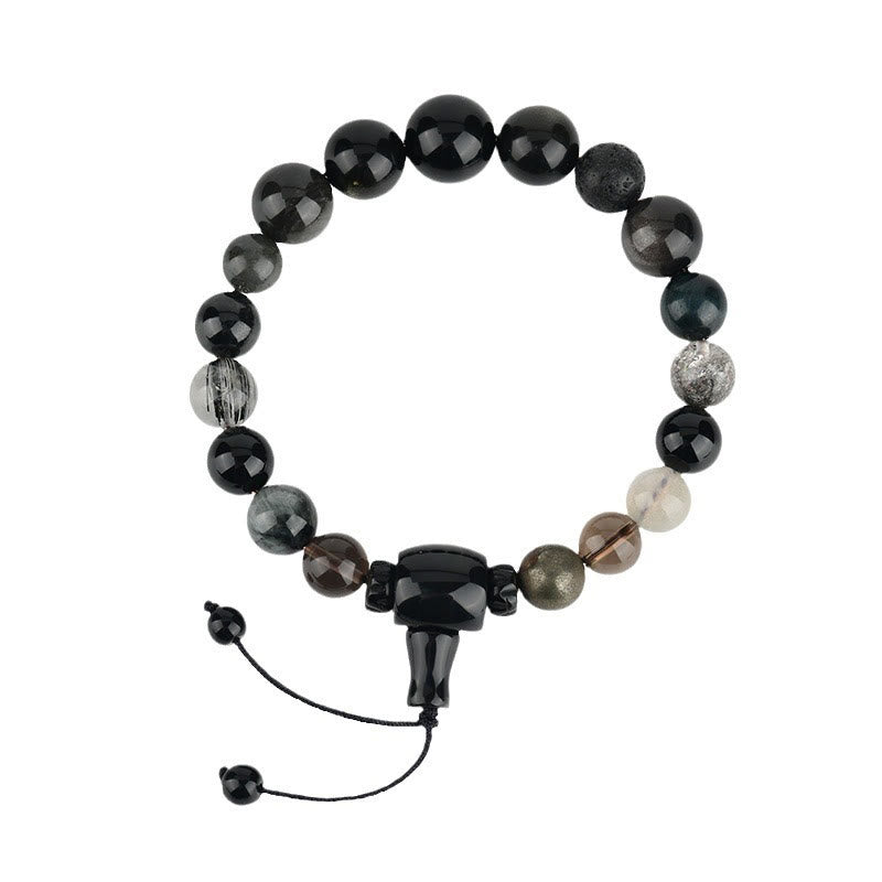 Five Elements Harmonizing Black Obsidian, Smoky Quartz, Black Agate Beaded Bracelet