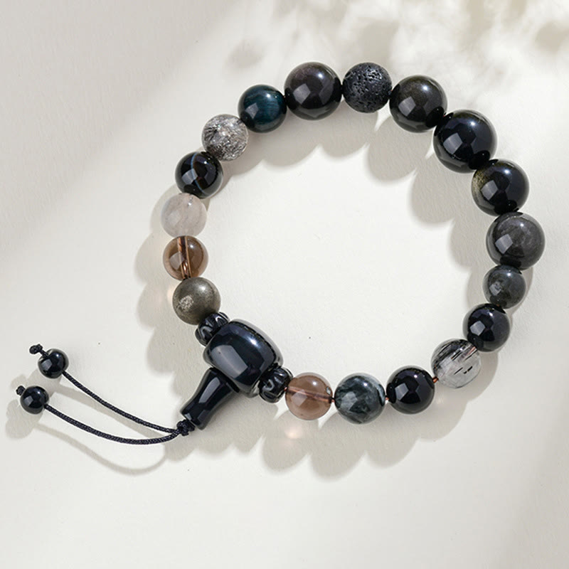 Five Elements Harmonizing Black Obsidian, Smoky Quartz, Black Agate Beaded Bracelet
